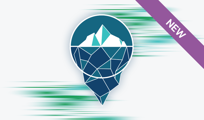 Iceberg: Stylized iceberg icon with geometric underwater structure and motion blur lines suggesting speed or data flow.